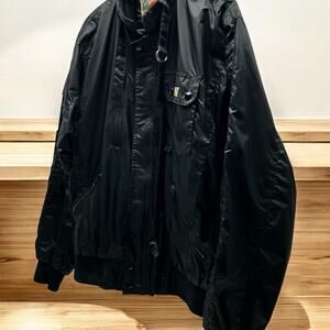 Vintage Tonkin CAT Embroidered Truck Bomber Jacket Men L Black Windbreaker Retro